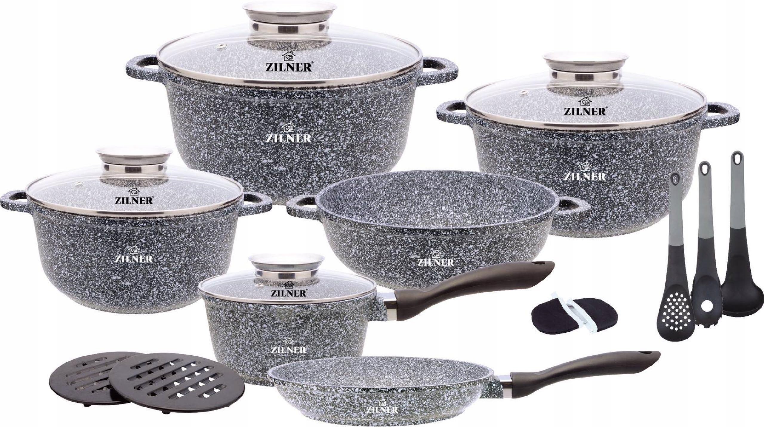 Zilner Kochtopf Set Grau Marmor - 17 Teile Induktion Geeignet
