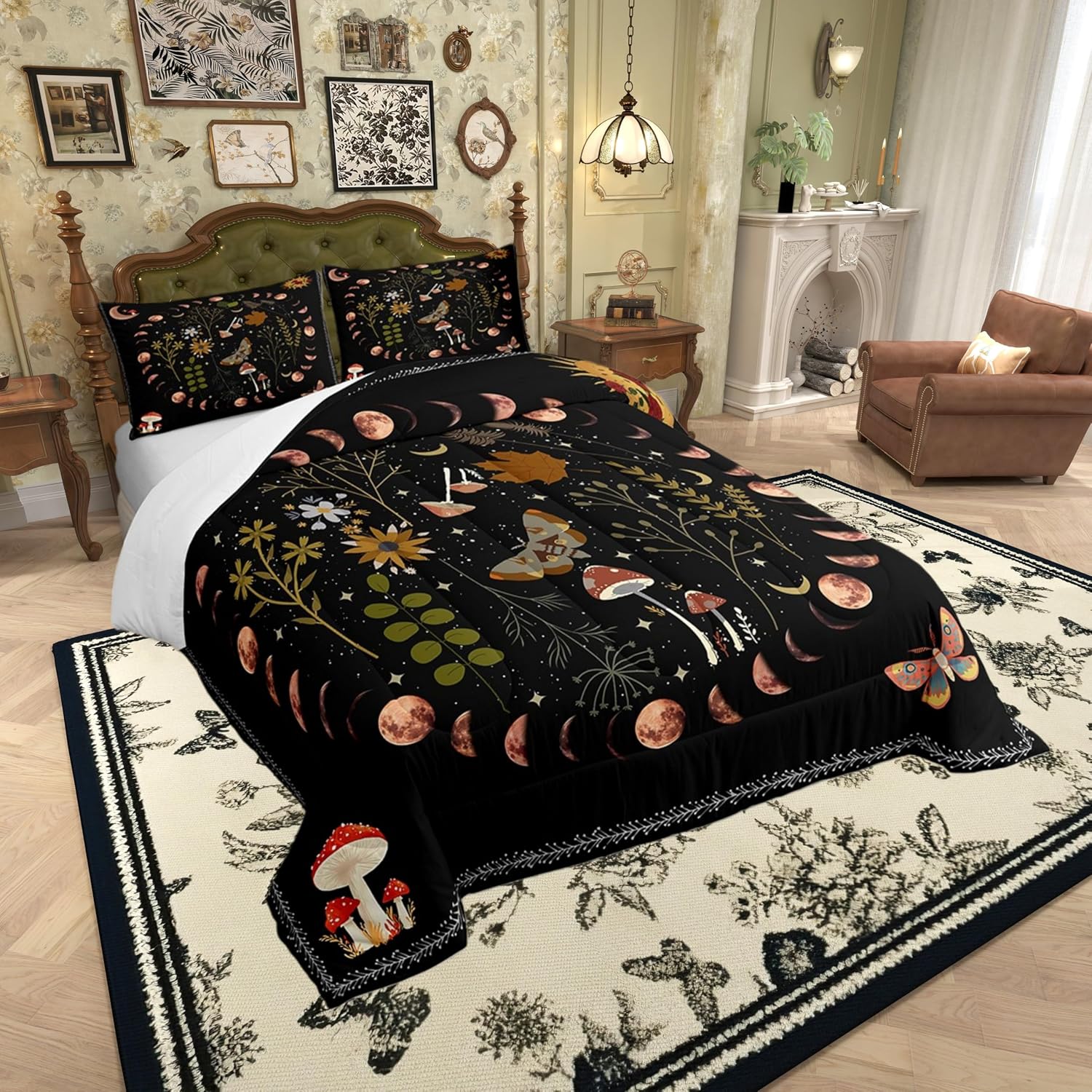 Gothic Nature Comforter Set for Kids Room Decor Butterfly Moth Flower Mushroom Rustic Garden Bedding Comforter Queen Size Star Moon Sun Boho Style Soft Polyester Quilt Set with 2 Pillowcases
