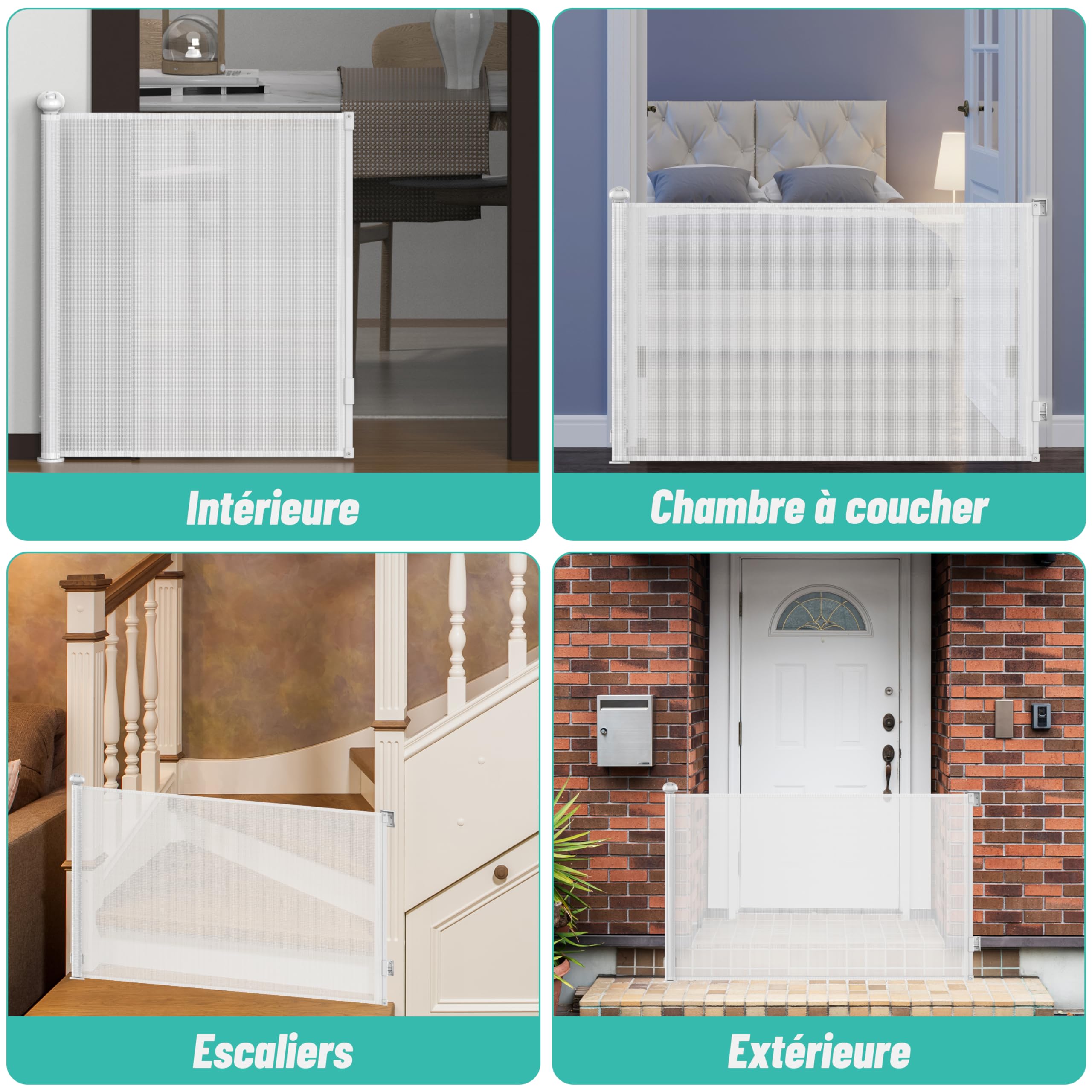 Barriere de Securite Enfant, Barrière de Sécurité Rétractable - 0 à 140 cm, pour Bébés Enfant et Chiens, Opération à Une Main pour Escaliers, Couloirs, Intérieur/Extérieur, Blanc