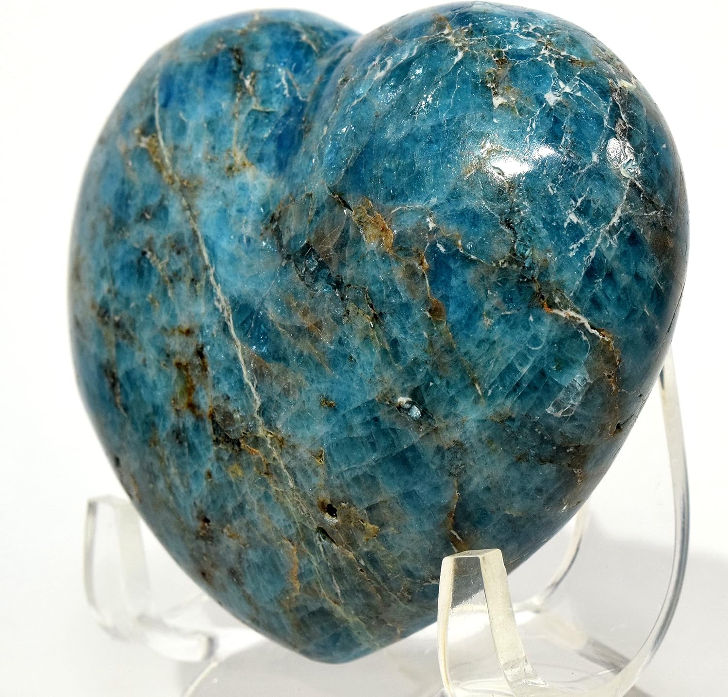 71mm Rich Blue Apatite Puffy Heart Natural Crystal Polished Quartz Mineral Love Stone Heart - Madagascar + Acrylic Display Stand
