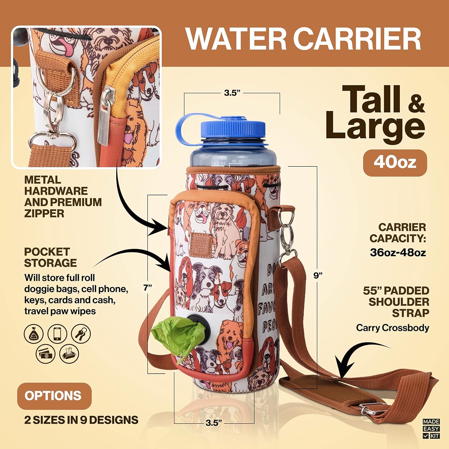 Made Easy Kit Water Bottle Carrier with Pocket for Dog Poop Waste Bags and Adjustable Padded Shoulder Strap (Tall & Large (40oz) with Bowl, Black) image 3