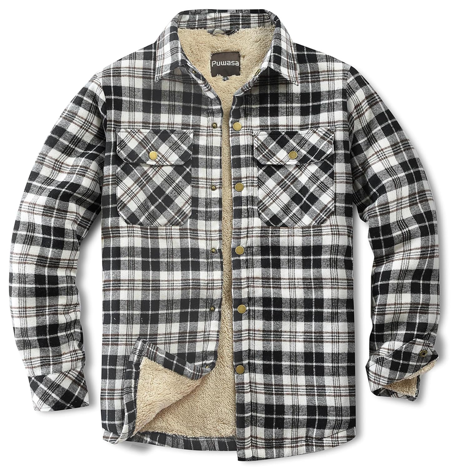 Mens Sherpa Lined Cotton Flannel Shirt Jacket Plaid Button Up Jacket Coat for Men with Pocket