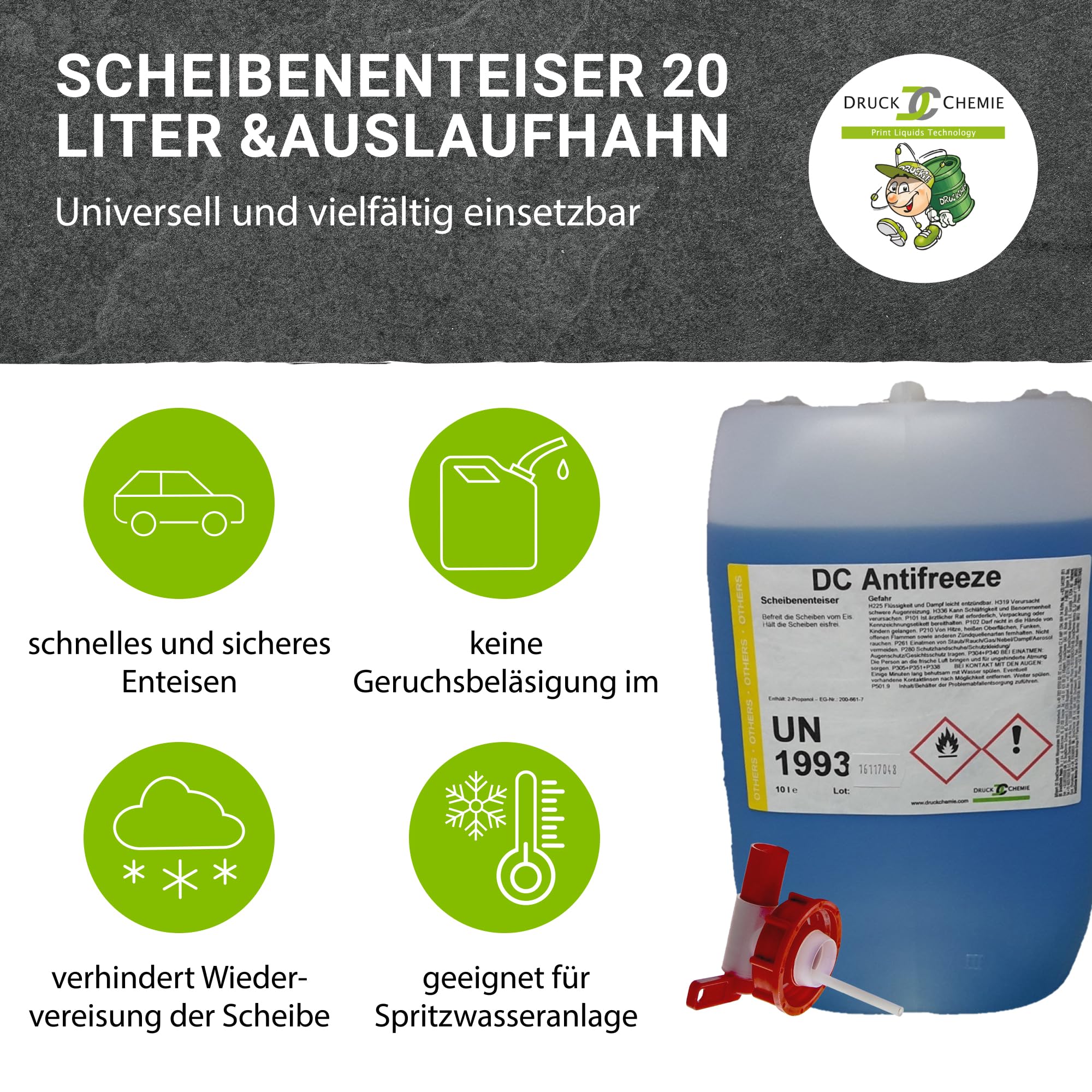 DC DruckChemie GmbH Antifreeze Scheibenenteiser Auto 20L + Auslaufhahn - Leistungsstarker Entfroster für Autoscheiben, Seitenspiegel & Scheinwerfer