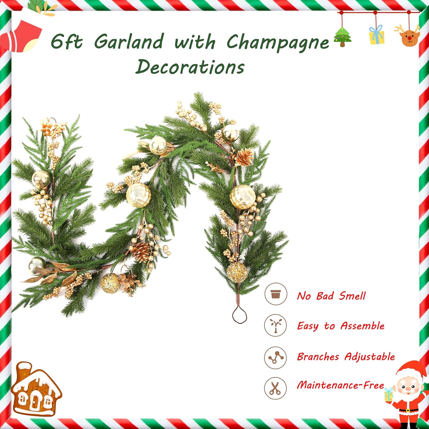 6ft Soft Real Touch Christmas Garland, Realistic Artificial Christmas Garland with Champagne Berries, Pine Cones and Balls, Faux Garland for Mantel, Table, Stair Indoor Outdoor Christmas Decor - Image 5