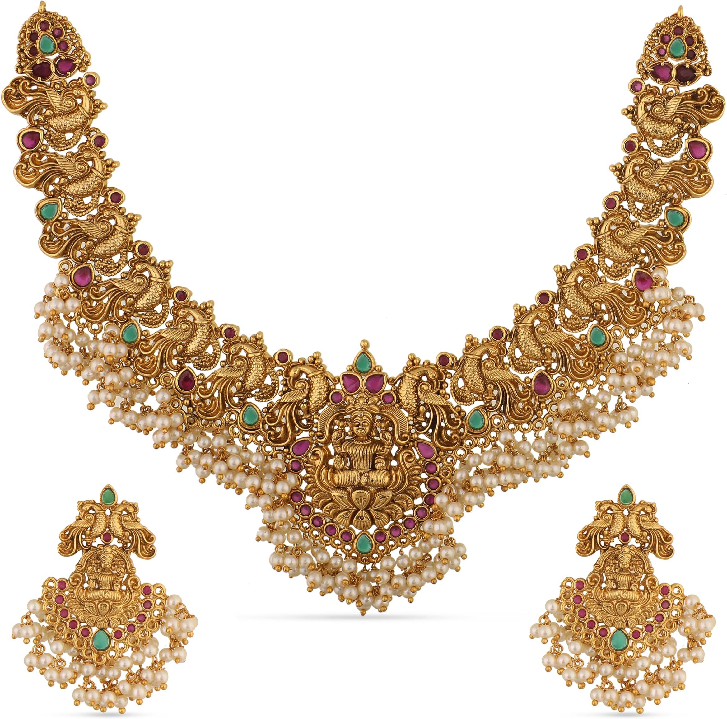 Antique Gold Plated Cira Short Necklace Set with Floral Design - Indian Jewelry Sets for Women | Perfect for Ethnic Occasions | Traditional South Indian Necklace | 1 Year Warranty*