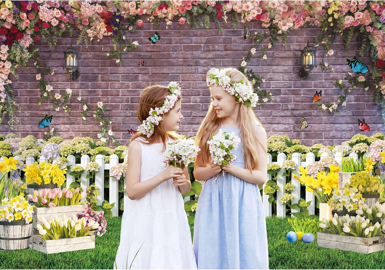 10x8ft Spring Backdrop for Photography Flower Fence Pink Brick Wall Butterfly Decor Background Newborn Baby Portrait Easter Spring Photo Backdrop Shoot Booth Props