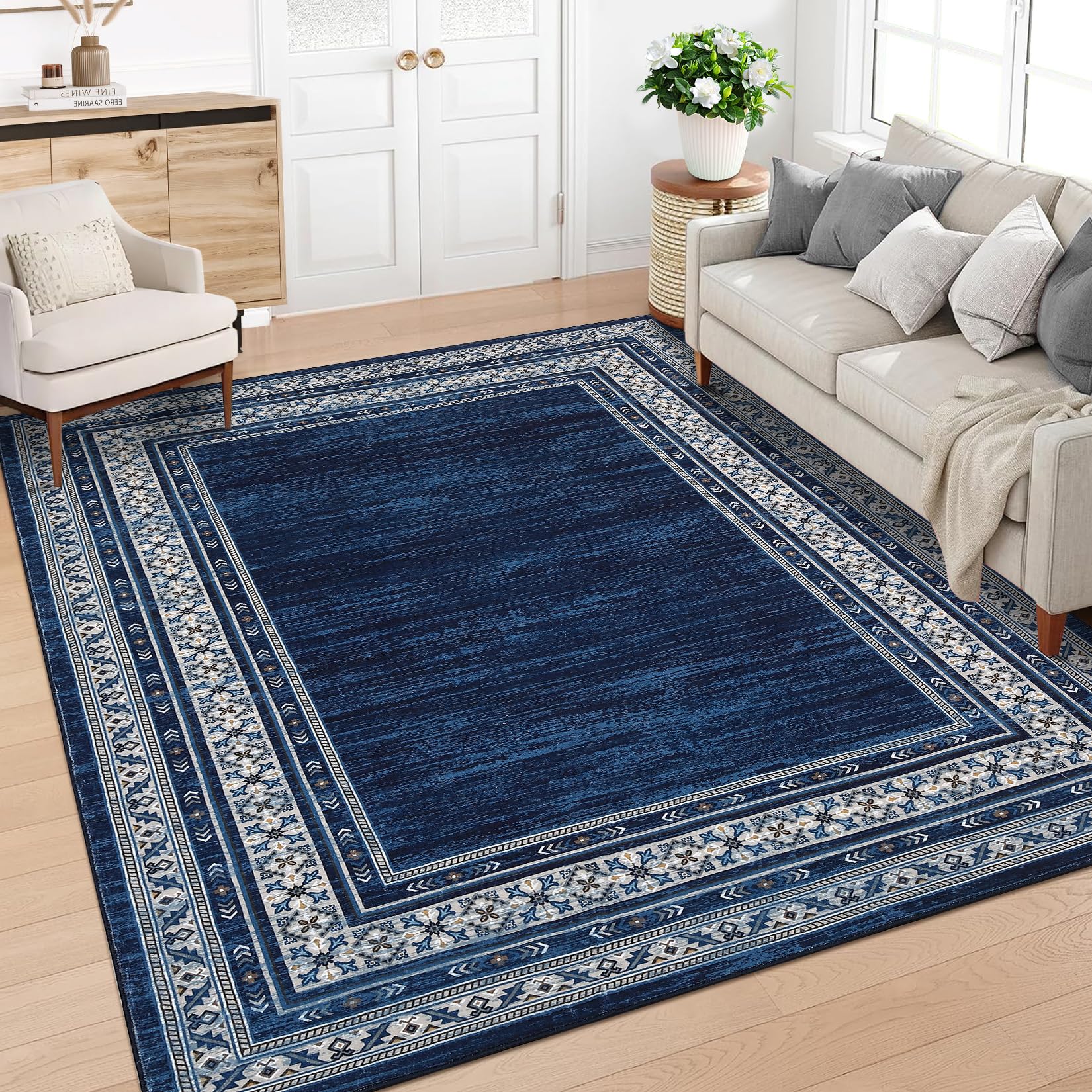 Garvee Modern Washable Rugs 5x7, Soft Blue Geometric Area Rug for Living Room Bedroom Boys, Ultra Thin Non Slip Modern Large Accent Carpet for Dining Room Nursery Playroom, Bordered Print Office Mat