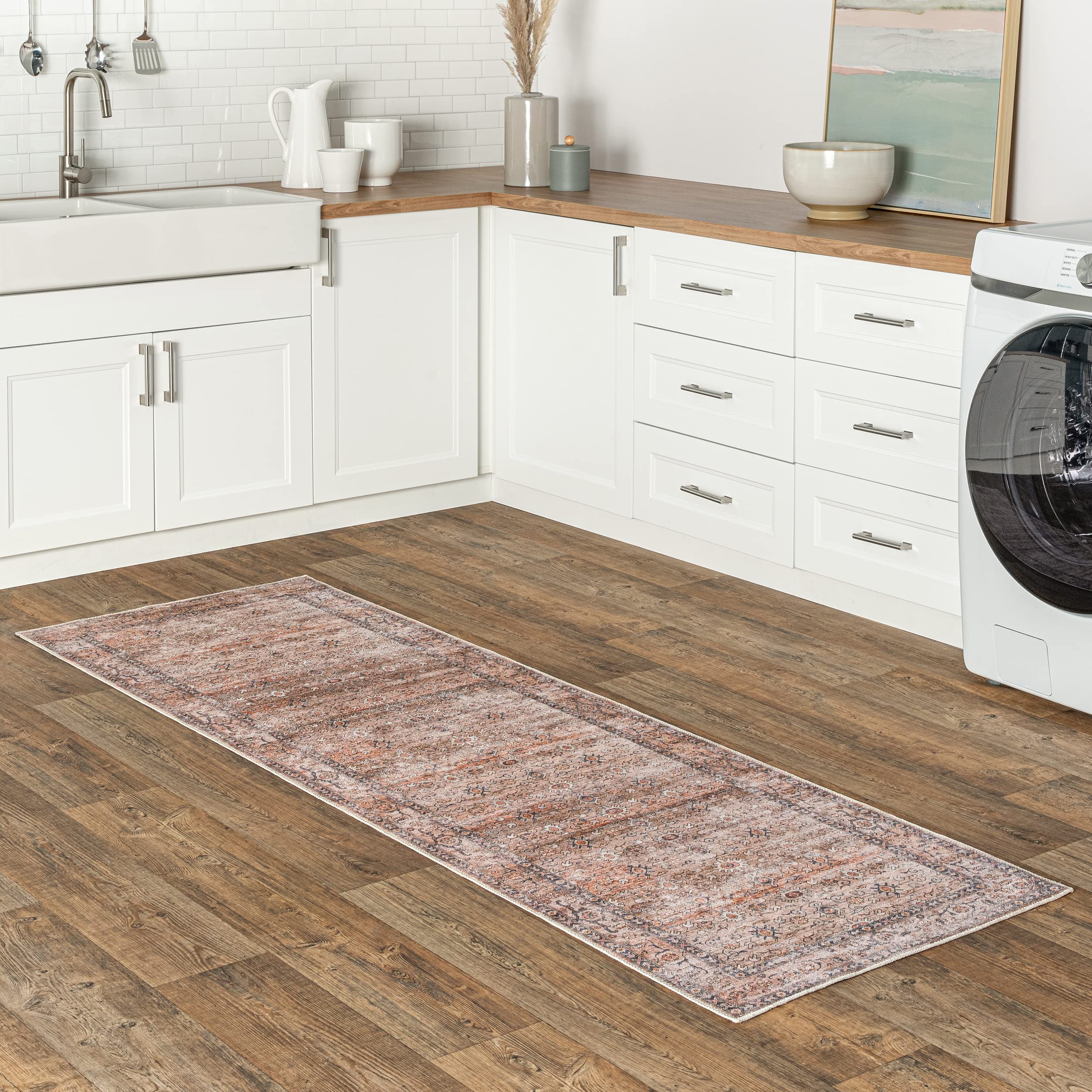 Tapis runner lavable nuLOOM Gwyn beige style usé entretien facile