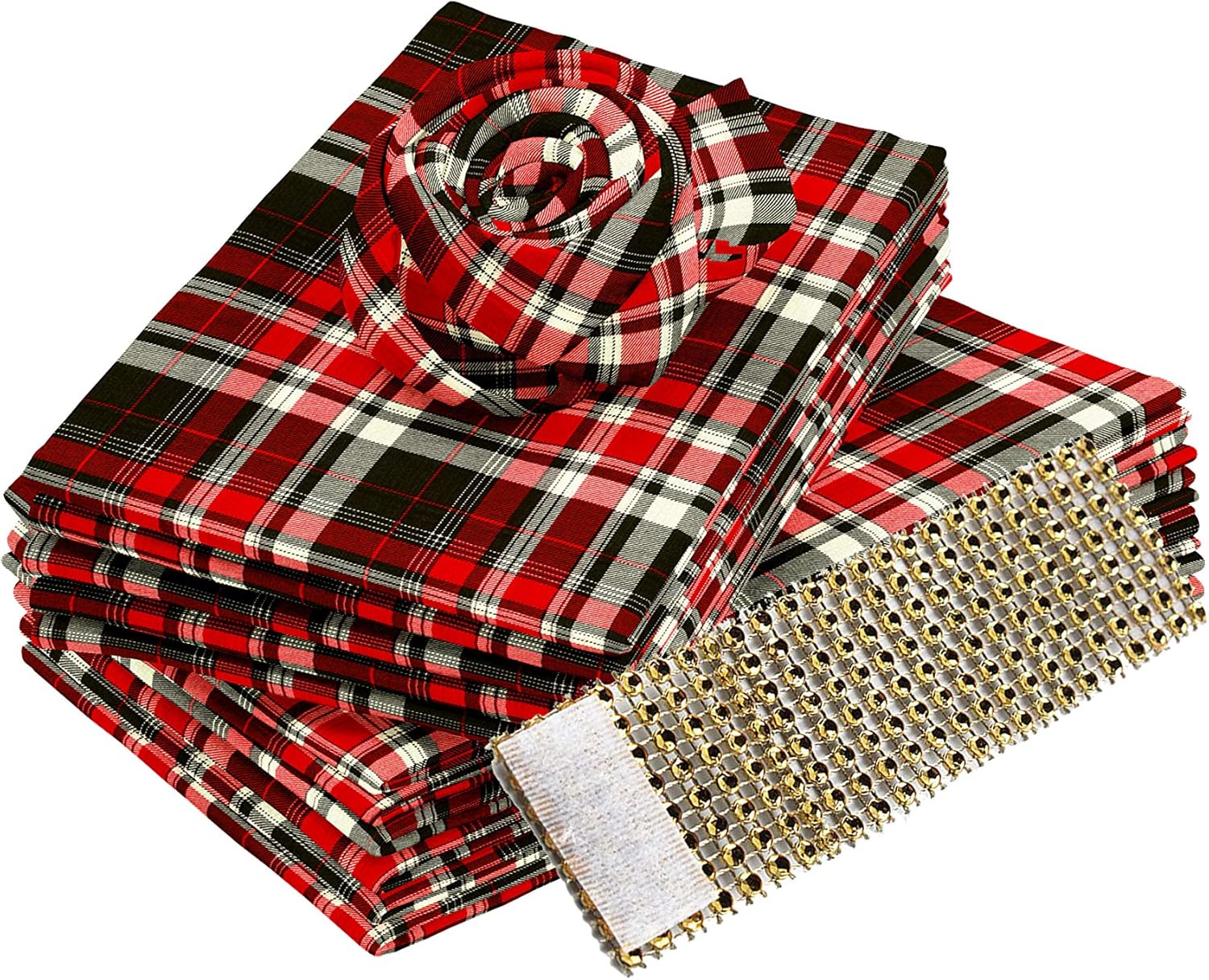 12 Pack 12 x 12 Inch Cotton Napkins & Rhinestone Napkin Rings Combo, Buffalo Check Plaid Nepkin Party Christmas Decorations Wedding Birthday Baby Shower