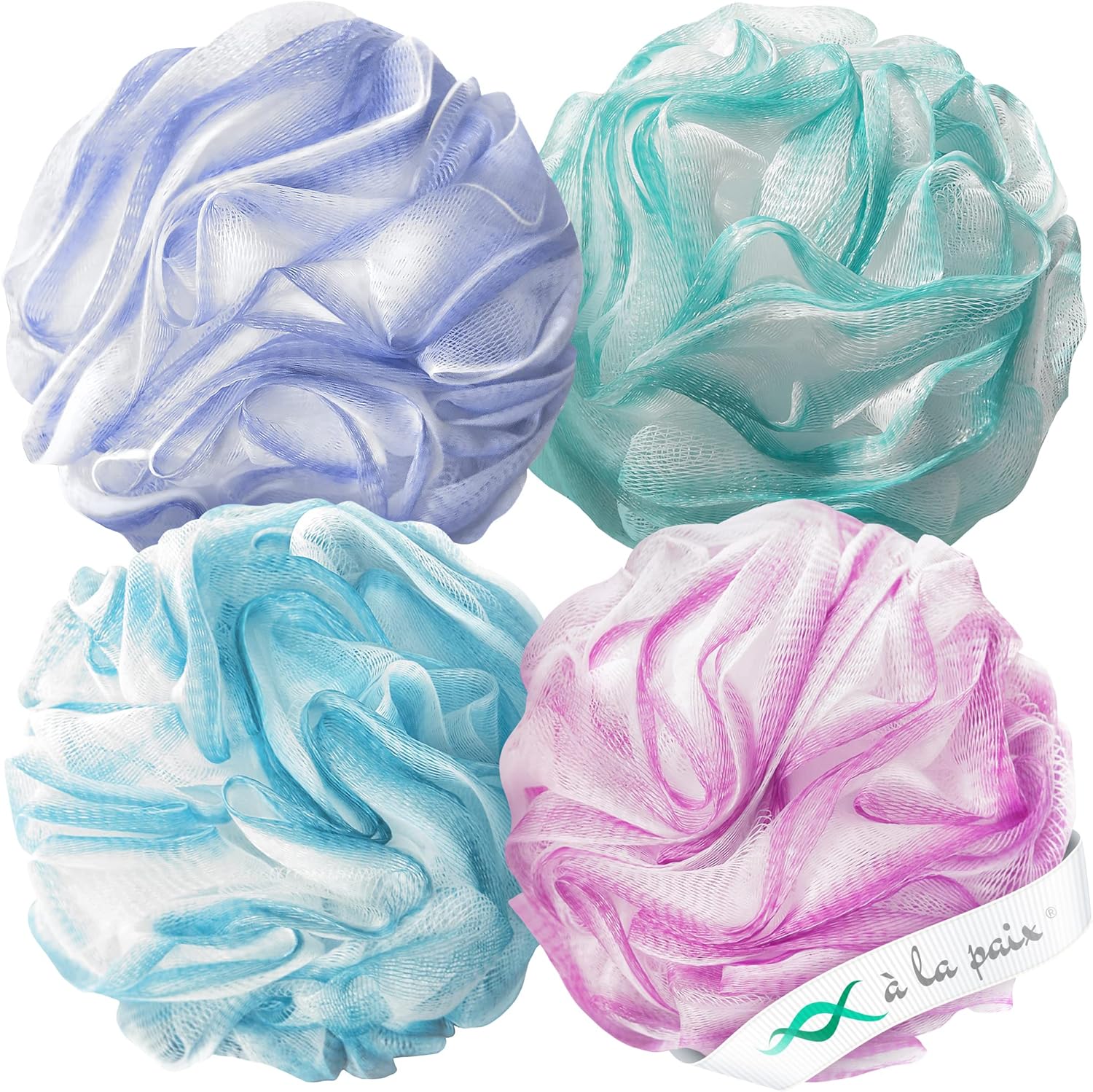 Loofah-Bath Sponge-White w/Color Set-XL-75g by À La Paix-Extra Large 4 Pack Soft Mesh Loufa Puff-Exfoliating Luffa Body Scrubber Women & Men Silky Skin -Long-Handle Body Exfoliator-Bathing Accessories : Beauty & Personal Care