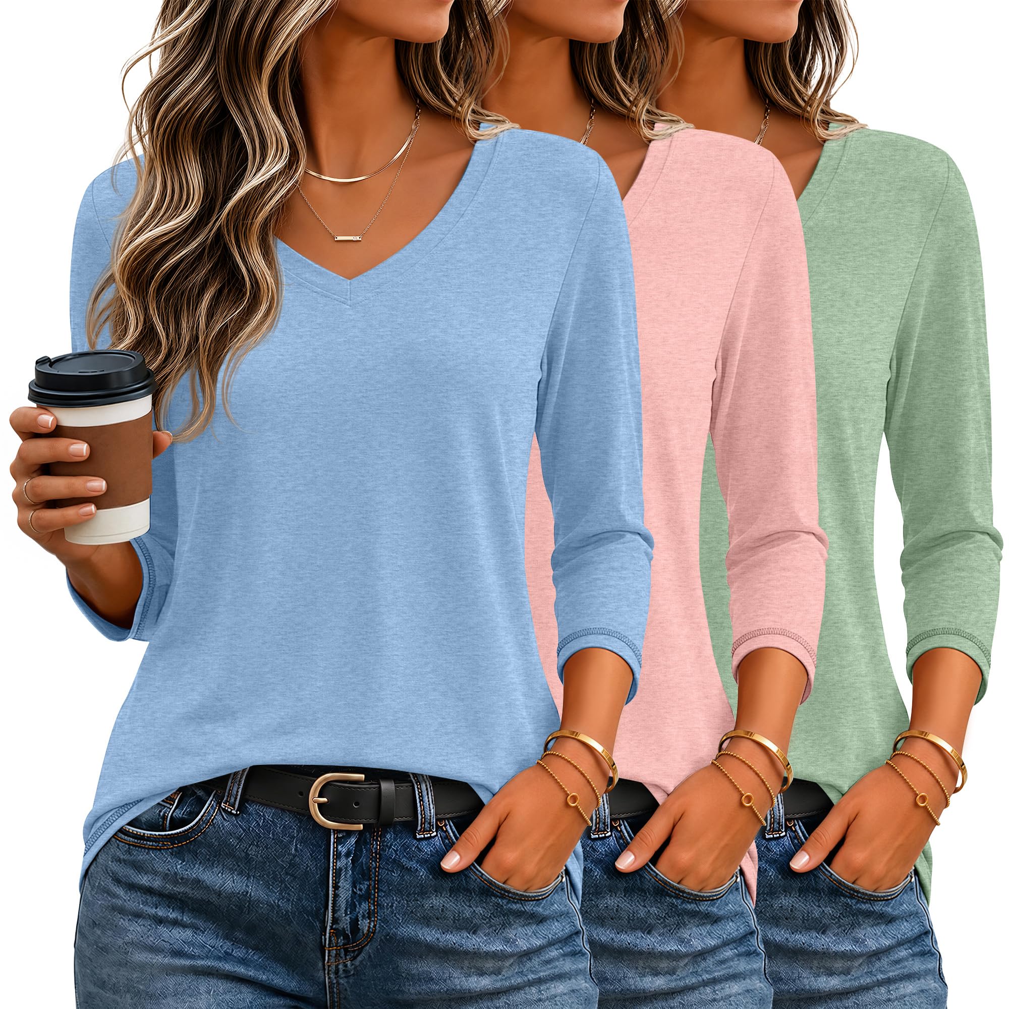 Ficerd 3 Pack Women's 3/4 Length Sleeve V Neck Tops | Dressy Three Quarter Sleeve T Shirts, Loose Fit Trendy Blouses, Elbow Length Tees, Casual Daily