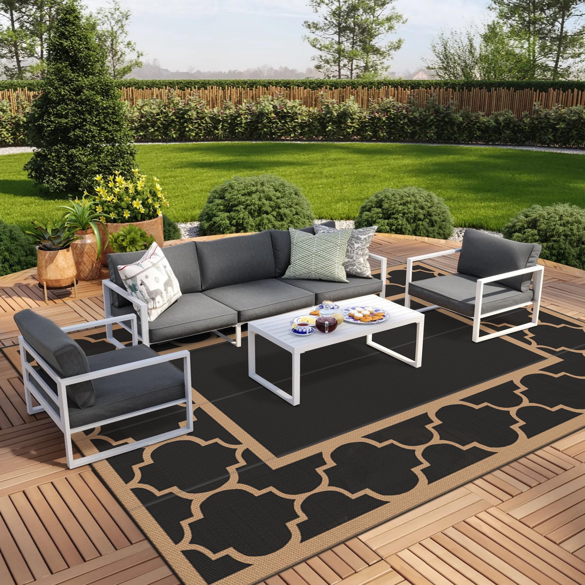 GENIMO 10 ' x 14 ' Outdoor Rug Waterproof for Patio Decor, Foldable Reversible Plastic Straw Area Rugs Mat for Camper, Outside Carpet for Rv, Deck,