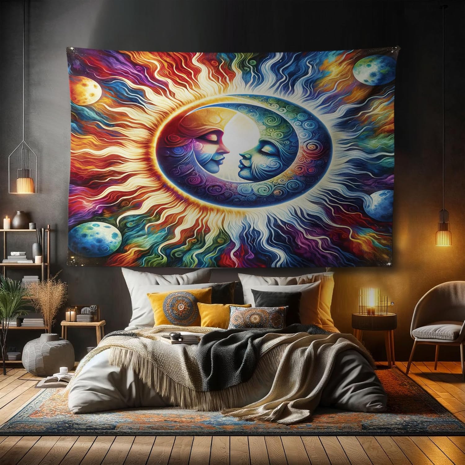 Ambesonne Trippy Tapestry, Jumble Colors of Sun and Moon Theme Couple Crescents Boho Motifs and Planets, Fabric Wall Hanging Decor for Bedroom Living Room Dorm, 90" X 60", Amber Multicolor