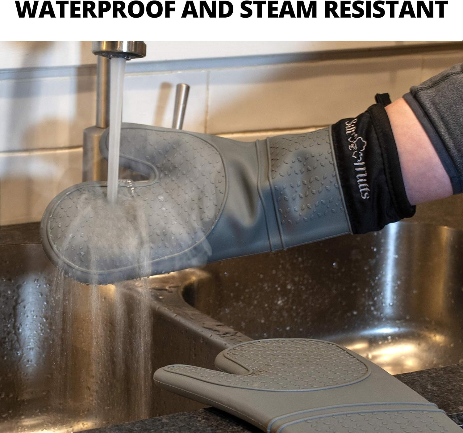 Silicone Oven Mitts Heat Resistant 500 Degrees - 2 Extra Long Silicone Oven Mitt Pot Holders - Food Safe Oven Gloves - BPA Free - Soft Inner Lining - (Gray) - Frux Sili Mitts