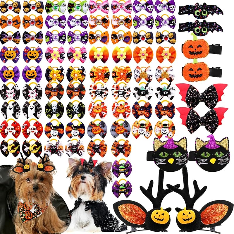 Laços de Halloween para Pelos de Cães e Gatos com Elásticos e Presilhas Metálicas Senniea, 100 Unidades