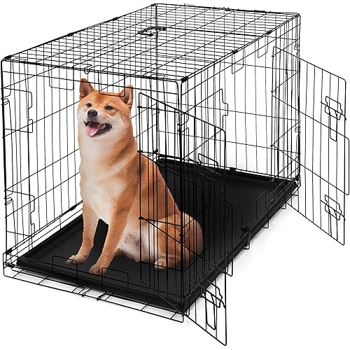 CAPHAUS Foldable Dog Crate Wire Metal Dog Kennel w/Divider Panel, Leak-Proof Pan & Protecting Feet, Single & Double Door, Small, Medium & Large Dog Crate Indoor Wire Dog Cage, 36” w/Double Doors