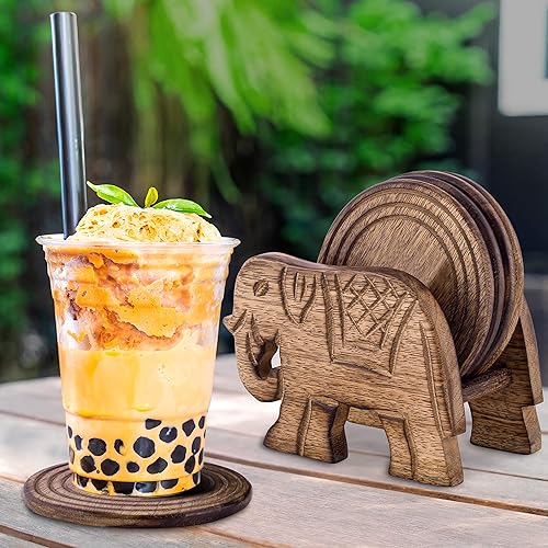 Miniatura 3 de Divit - Posavasos de madera para bebidas, ecológicos, absorbentes, de aspecto antiguo, hechos a mano (elefante)
