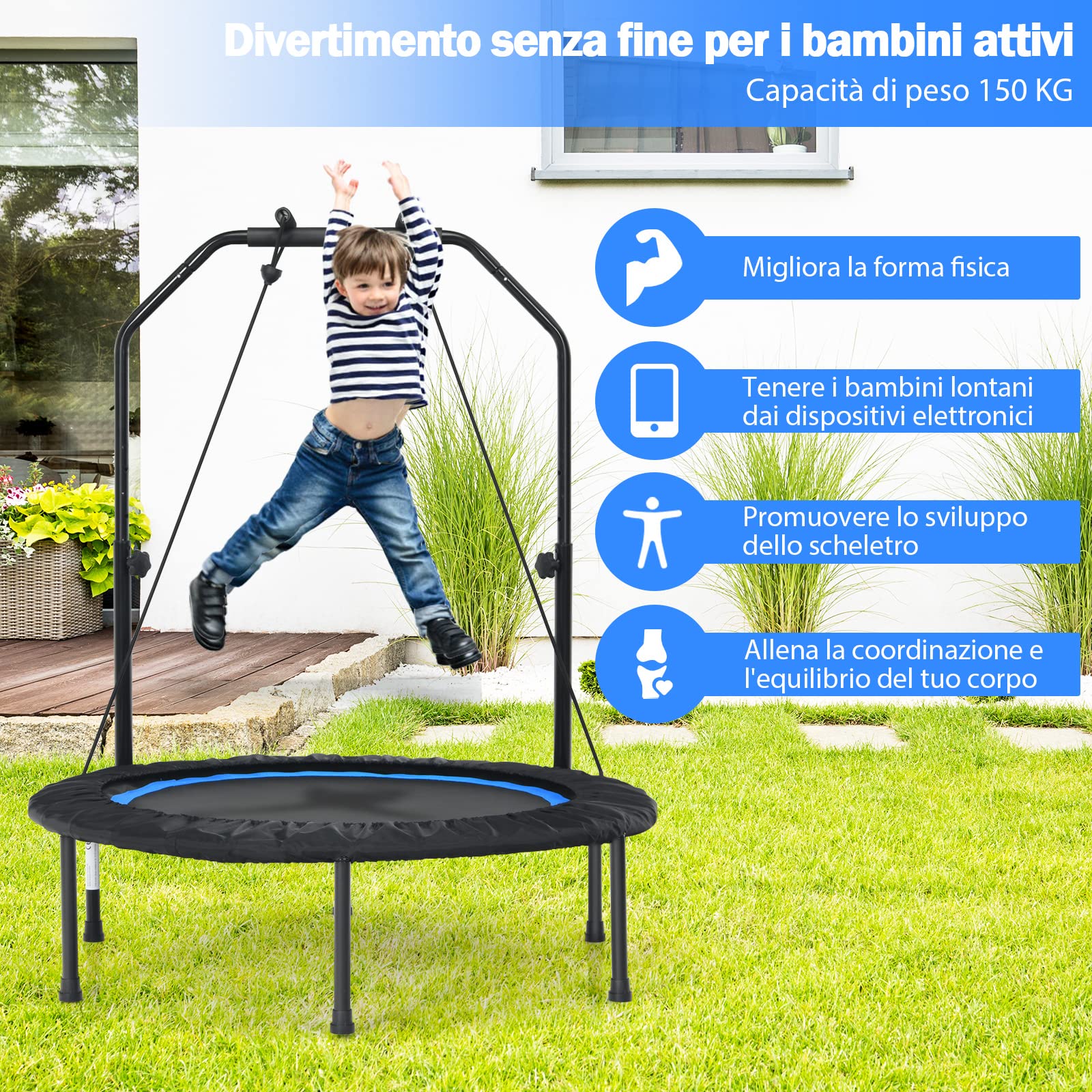 COSTWAY Mini Trampolino Pieghevole 101cm, Trampolino Fitness per Adulti e Bambini,con Maniglia Altezza Regolabile, Capacità di Carico 150 kg