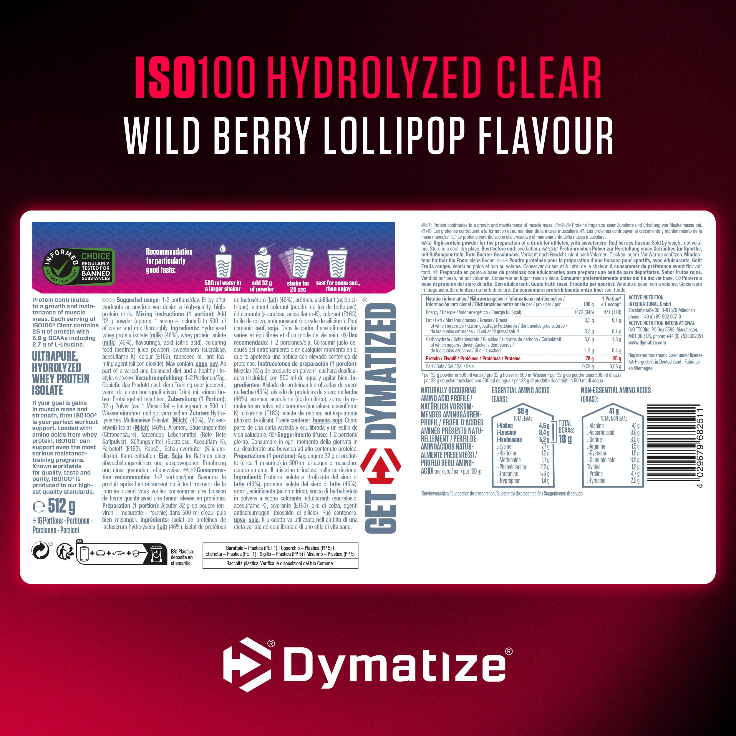 Dymatize ISO 100 Hydrolized Clear Wild Berry Lollipop 512g Proteine ​​del siero di latte chiare in polvere idrolizzate e isolate