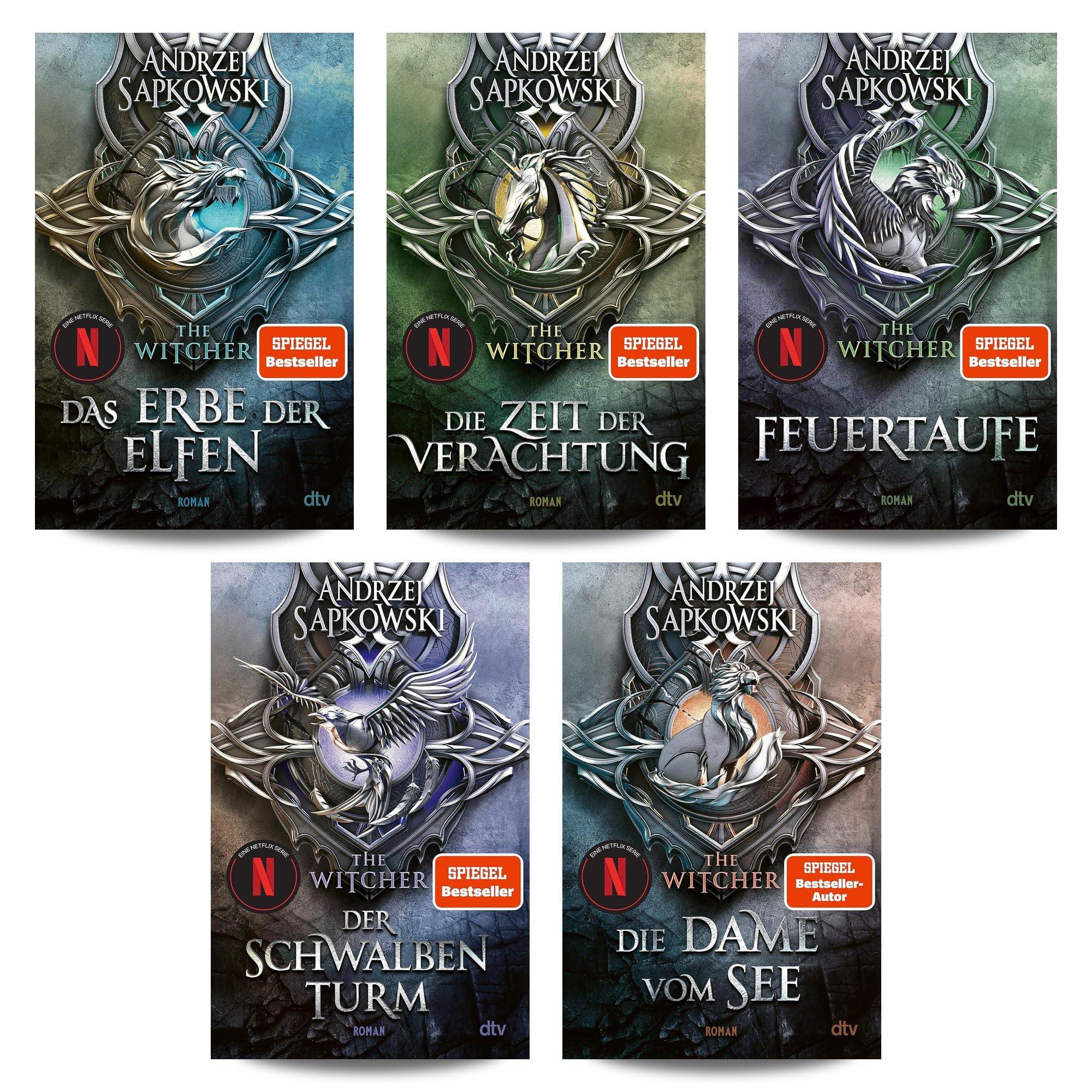 Andrzej Sapkowski - The Witcher Bücher Bundle 1-5 Der Hexer: Das Erbe der Elfen, Die Zeit der Verachtung, Feuertaufe, Der Schwalbenturm, Die Dame vom See - Fantasy Romane mit exklusivem Lesezeichen