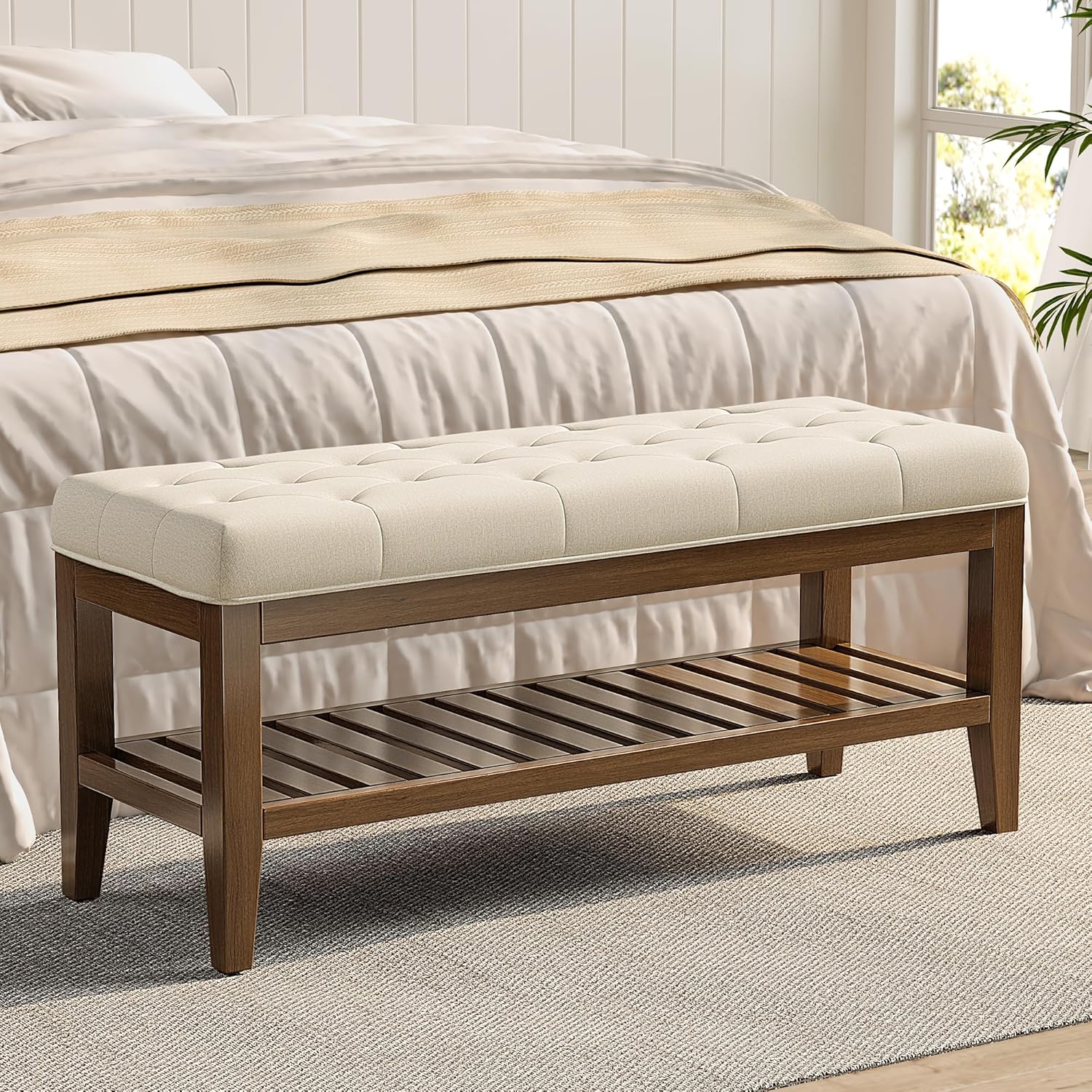 43" End of Bed Bench, Upholstered Bedroom Storage Ottoman Bench, Entryway Shoe Bench, Padded Window Seat with Solid Wood Legs, for Living Room, Hallway, Beige Linen