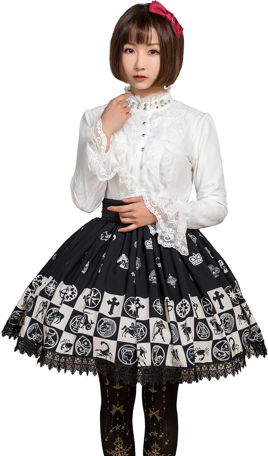 White Polyester Checked Pattern with Constellation Printed Lace Lolita Skirt