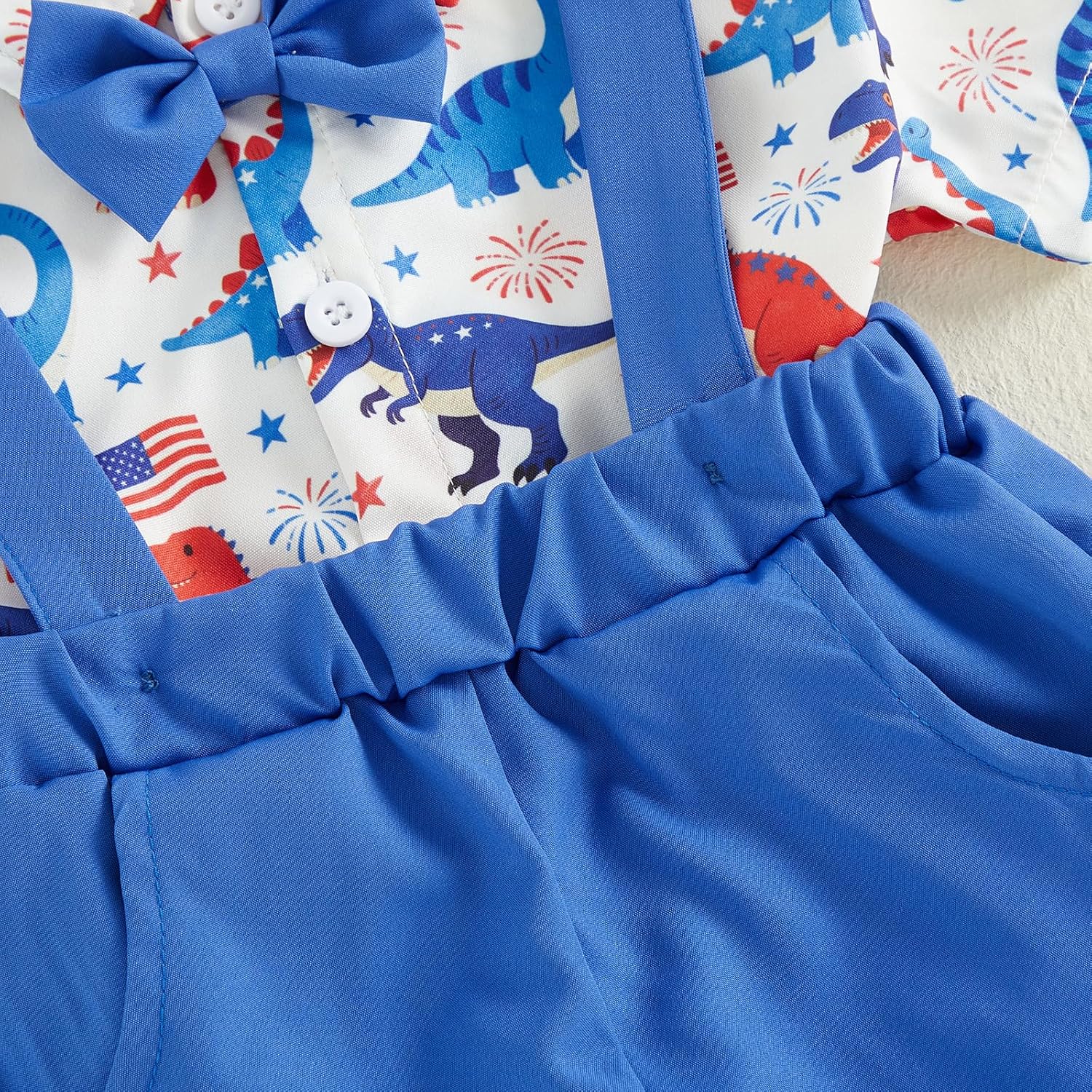 Baby Boy 4th of July Outfit Patriotic Dinosaur Short Sleeve Gentleman Button Up Shirt Suspender Shorts Toddler Suit