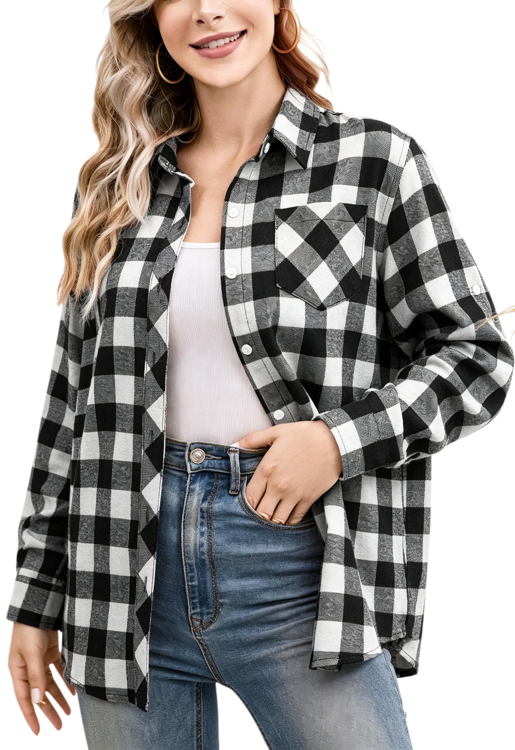 SANGTREE Womens and Girls Long Sleeve Flannel Shirt Plaid Button Down Shirt