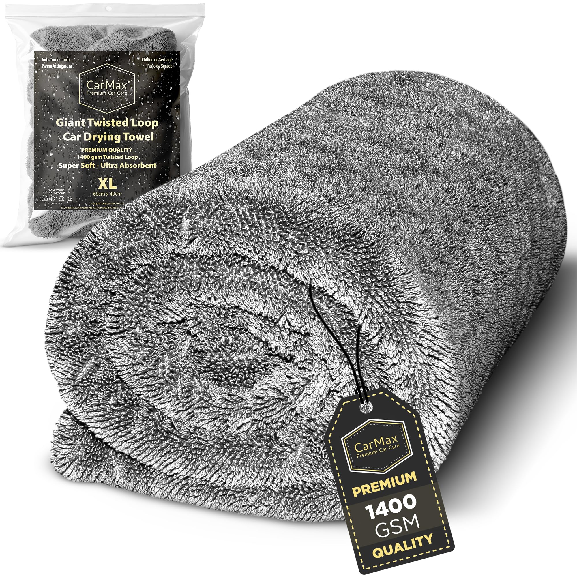 Giant Twisted Loop Drying Towel - Double-Sided XXL - 90cm x 60cm 1400gsm Microfibre Towel for fast streak-free drying and detailing.