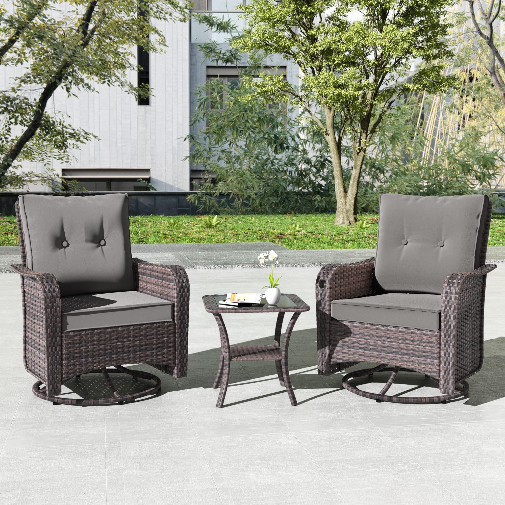 Kullavik 3 Pieces Patio Furniture Set,Outdoor Swivel Glider Rocking Chairs Set,Front Porch Furniture Patio Conversation Sets with Side Table for