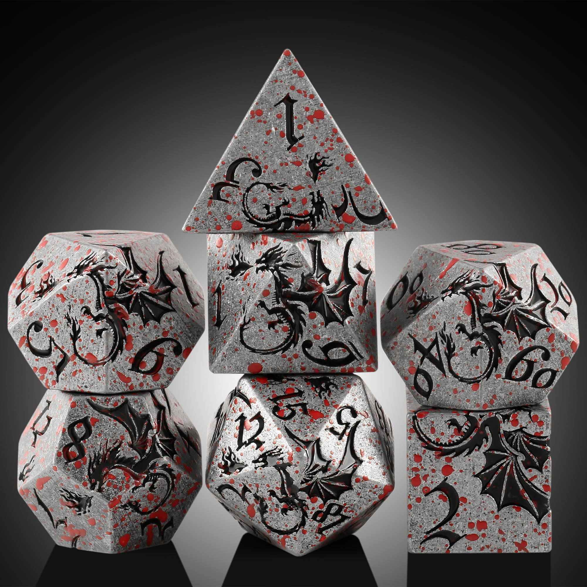DNDND Halloween Metal D&D Dice, 7 PCS Bloodstained Metallic D&D Dice Set with Random Color Gift Case for Dungeons & Dragons, Tabletop Games (Bloodstained)