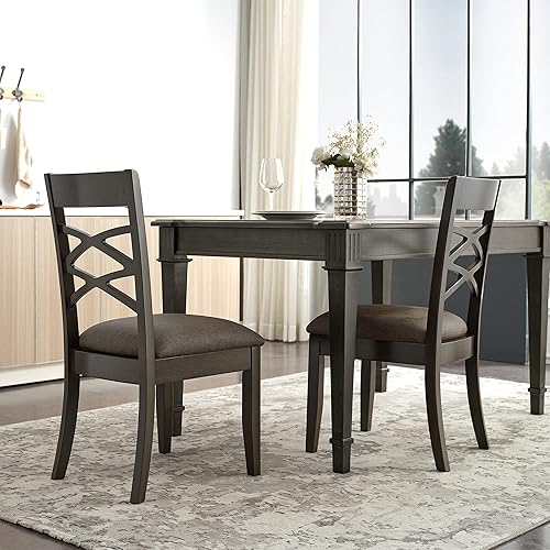 Miniatura 8 de Leick Home 10184-GSMH - Silla de comedor de madera con respaldo cruzado doble, juego de 2, piedra gris con asiento jaspeado musgo
