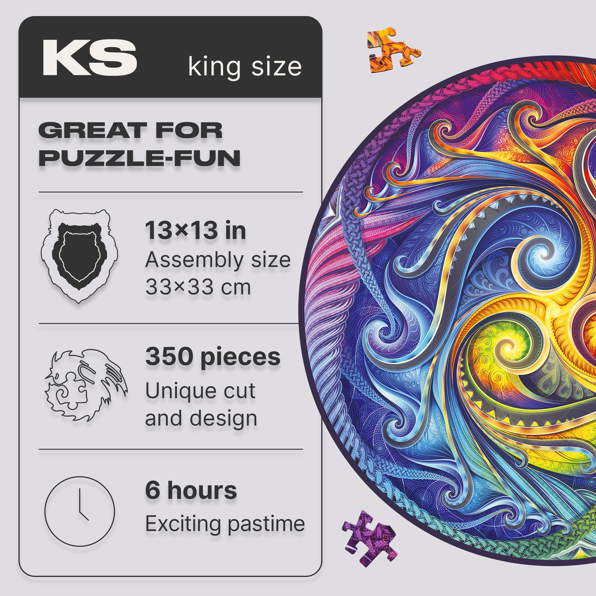 UNIDRAGON Mandala Spiral Incarnation Wooden Jigsaw Puzzle for Adults - 350 Unique Shaped Pieces - King Size 33 x 33 cm