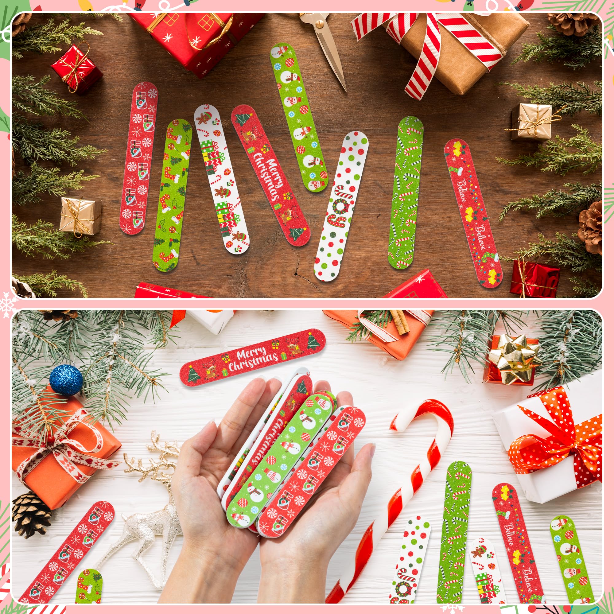 H1vojoxo Lima de uñas de Navidad a granel, 48 piezas de árbol de Navidad, muñecos de nieve, tablas de esmeril de doble cara, limas de uñas, regalos de Navidad, regalos de calcetín para empleados