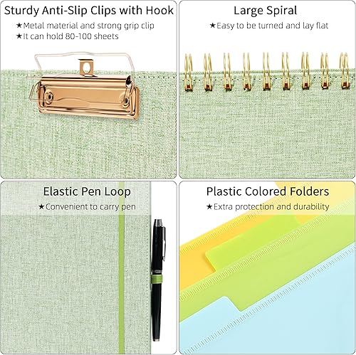 Vista 55 de Ospelelf Portapapeles plegable en espiral con bolsa de almacenamiento con cremallera, 5 carpetas de plástico con 10 bolsillos, bloc de notas forrado