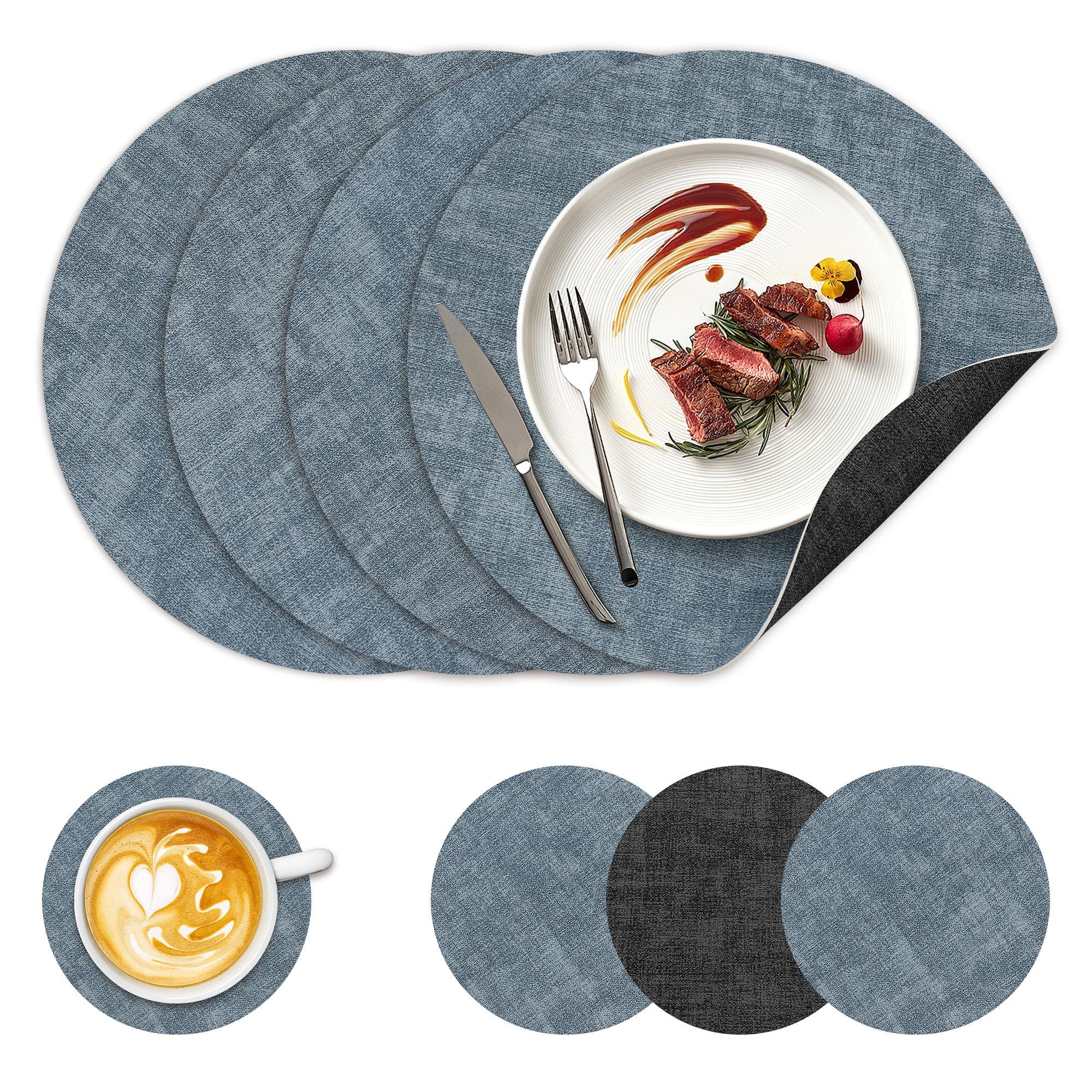 NCUE 13" Faux Leather Round Placemats Set of 4, Reversible Dual-Color
