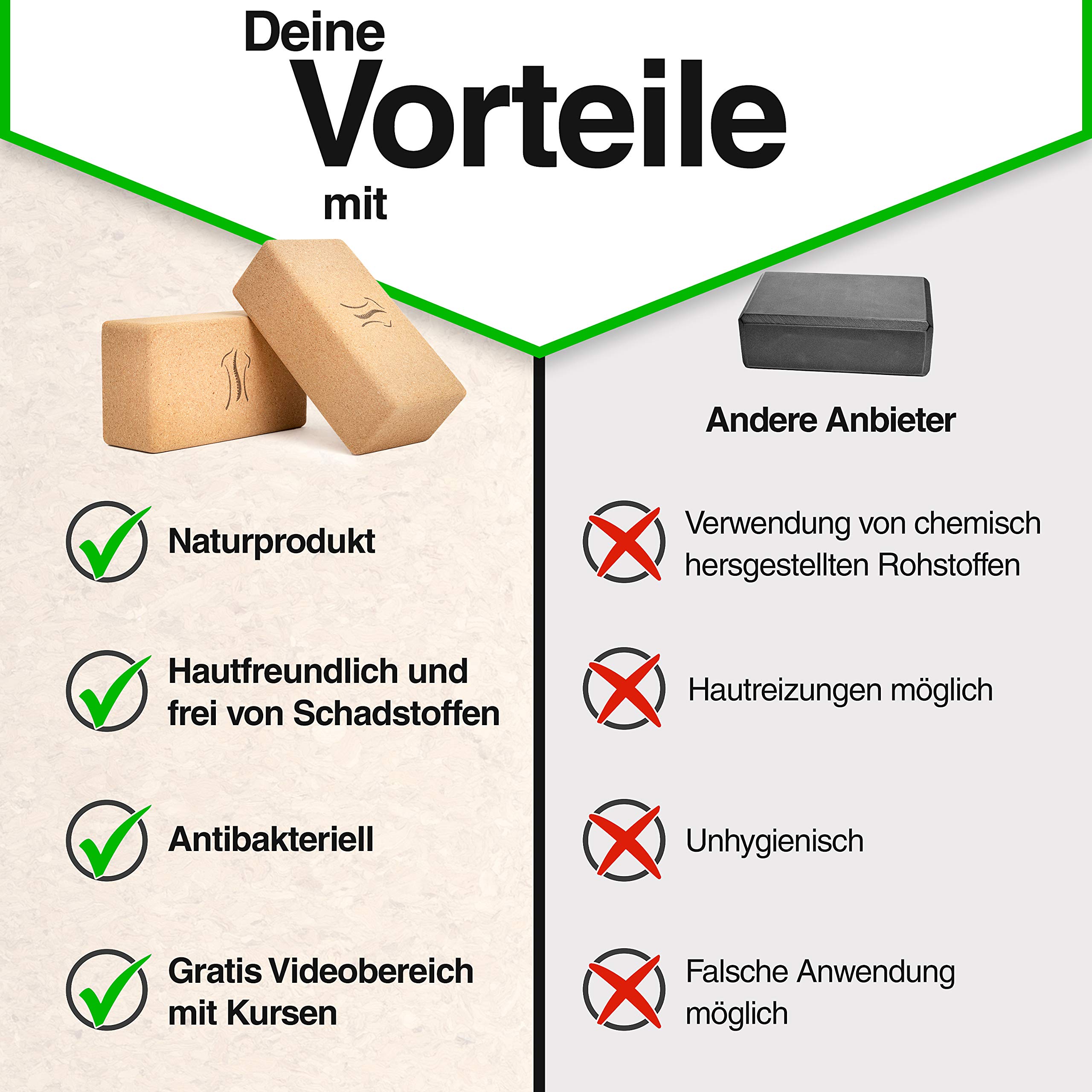 BACKLAXX® Yoga Block 2er-Set aus Kork | 100% nachhaltiger Yogablock | perfektes Yoga Zubehör | 2 Yogablöcke inkl. Anwendungsvideos | Yogablock 2er-Set | Pilates Block