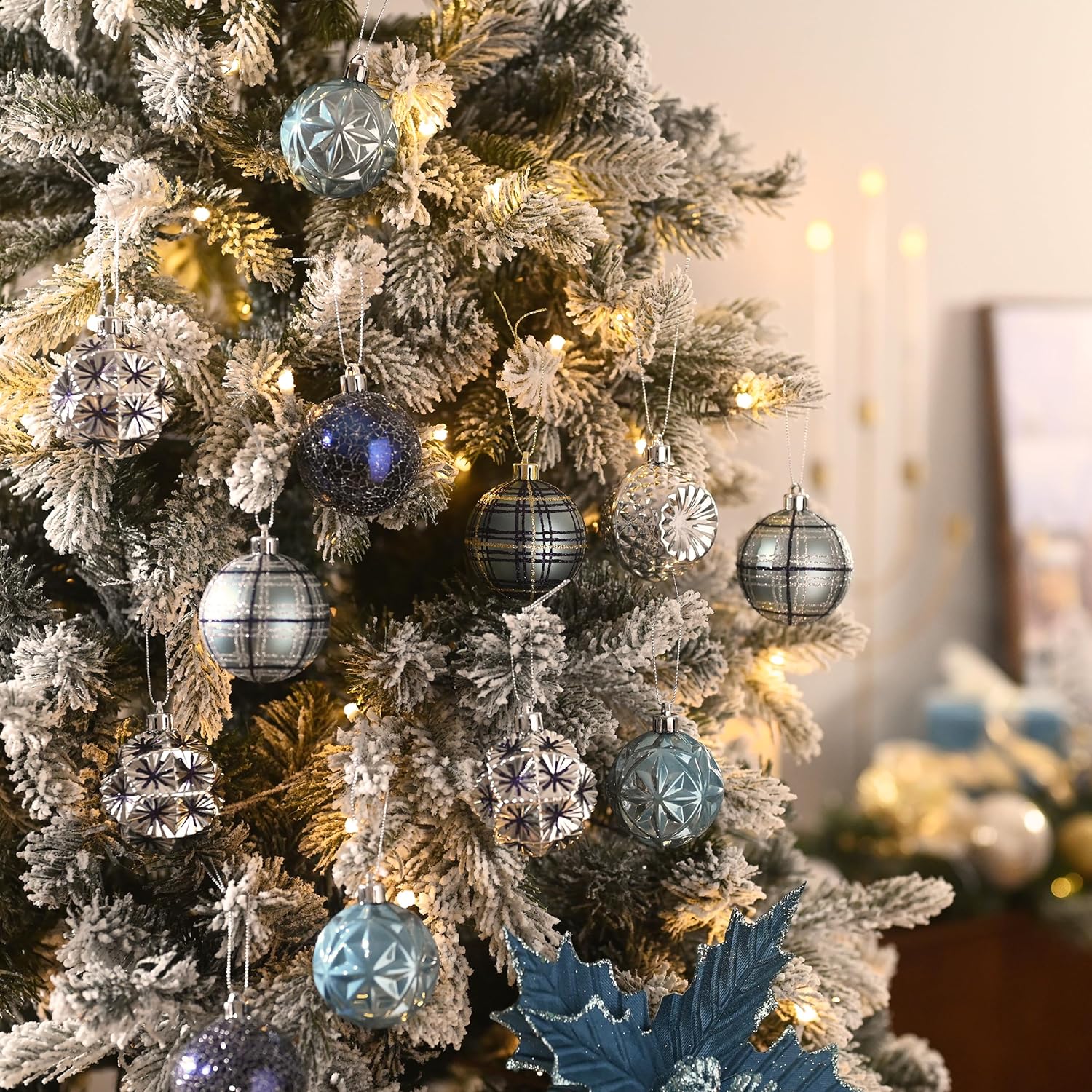 Valery Madelyn Fall Ornaments for Christmas Trees, 16ct Navy Blue and Silver Shatterproof Christmas Tree Decoration&Lighted Christmas Angel Tree Topper with Timer