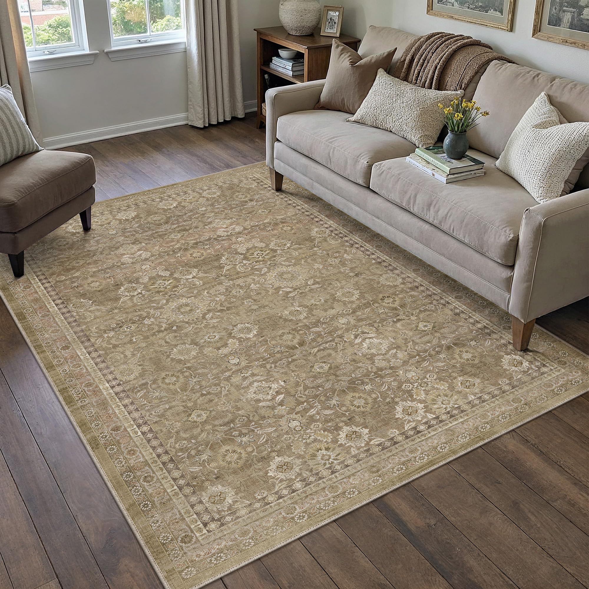 PureCozy Waschbarer Teppich Wohnzimmer Vintage Tepich Living Room | Vintage Kurzflor Rutschfest Carpet,Eingang, Flur, Badezimmerteppich, Korrido, Schlafzimmer, Küche