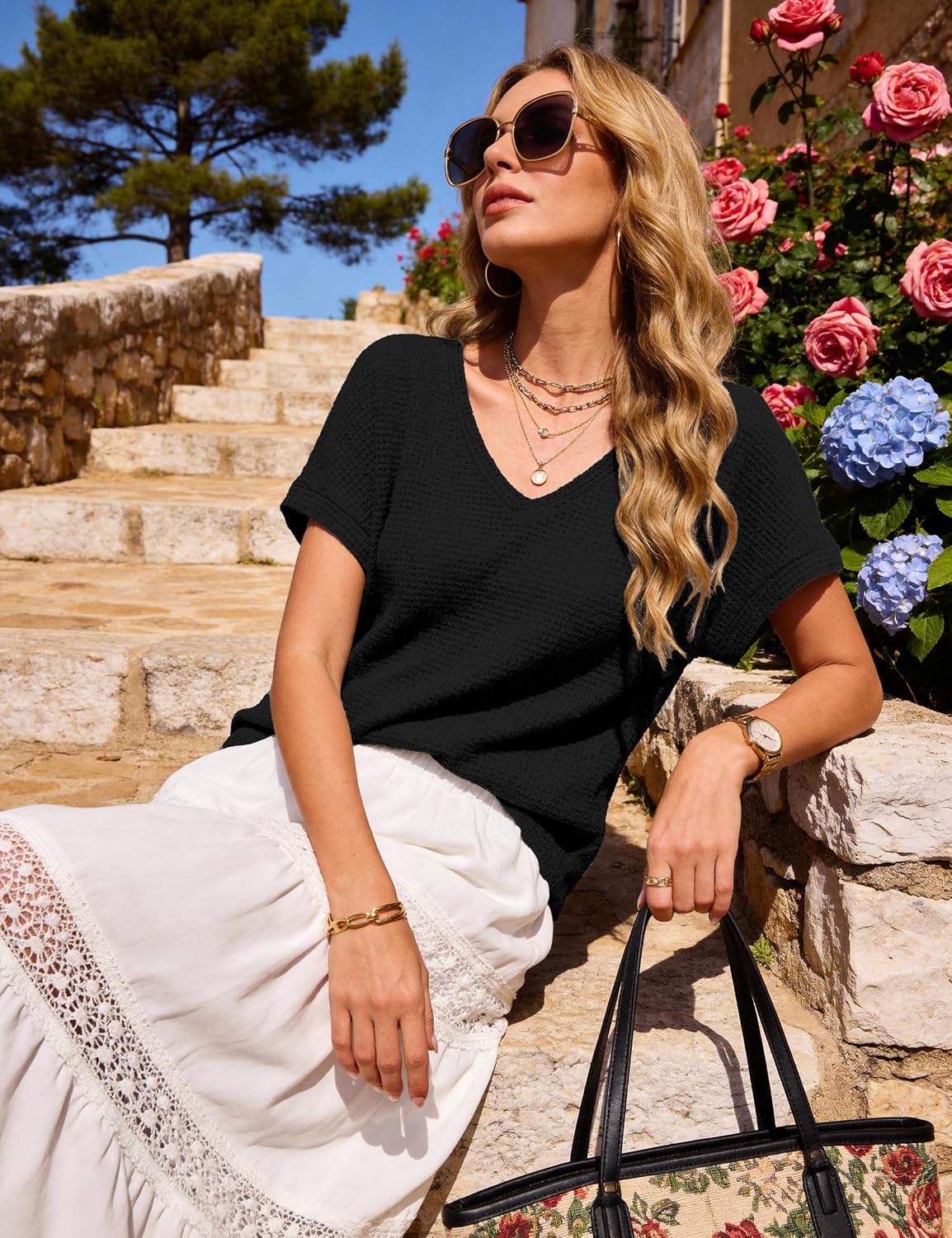 Women's V-Neck Waffle Knit Tee with Rolled Sleeves - Cozy Loose Fit Tunic — view 6