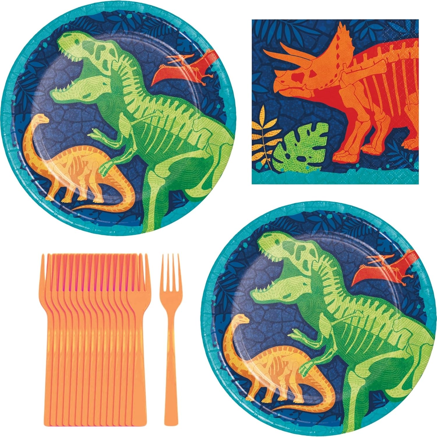 HOME & HOOPLA Dinosaur Party Supplies Set for 16 – Neon Dino Skeleton Dinner Plates, Beverage Napkins & Orange Forks – Boys Birthday Decorations for Three-Rex, Dino Dig, Roar I'm Four
