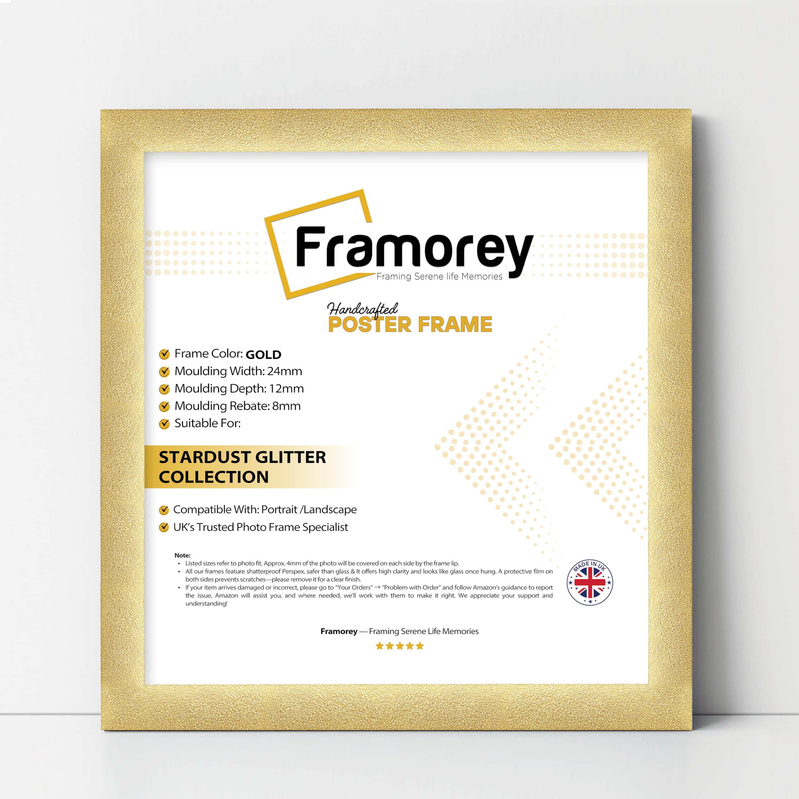 Framorey Framing Serene Life Memories Gold Framorey Square Size Glitter Sparkle Picture Frame, 4X4 Inch Size Photo Frames, Wall Hanging Oxford Frames, Photo College Frame, Birthday Gift Frame