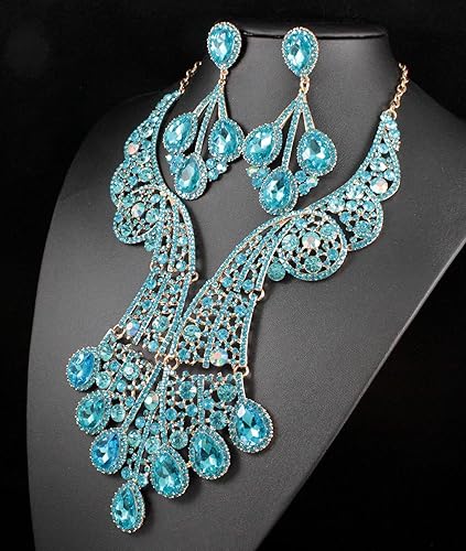 Miniatura 5 de Janefashions Peacock Feather Teal Austrian Rhinestone Crystal Statement Collar Pendientes Set Gargantilla Show Beauty Queen N820t, Cristal