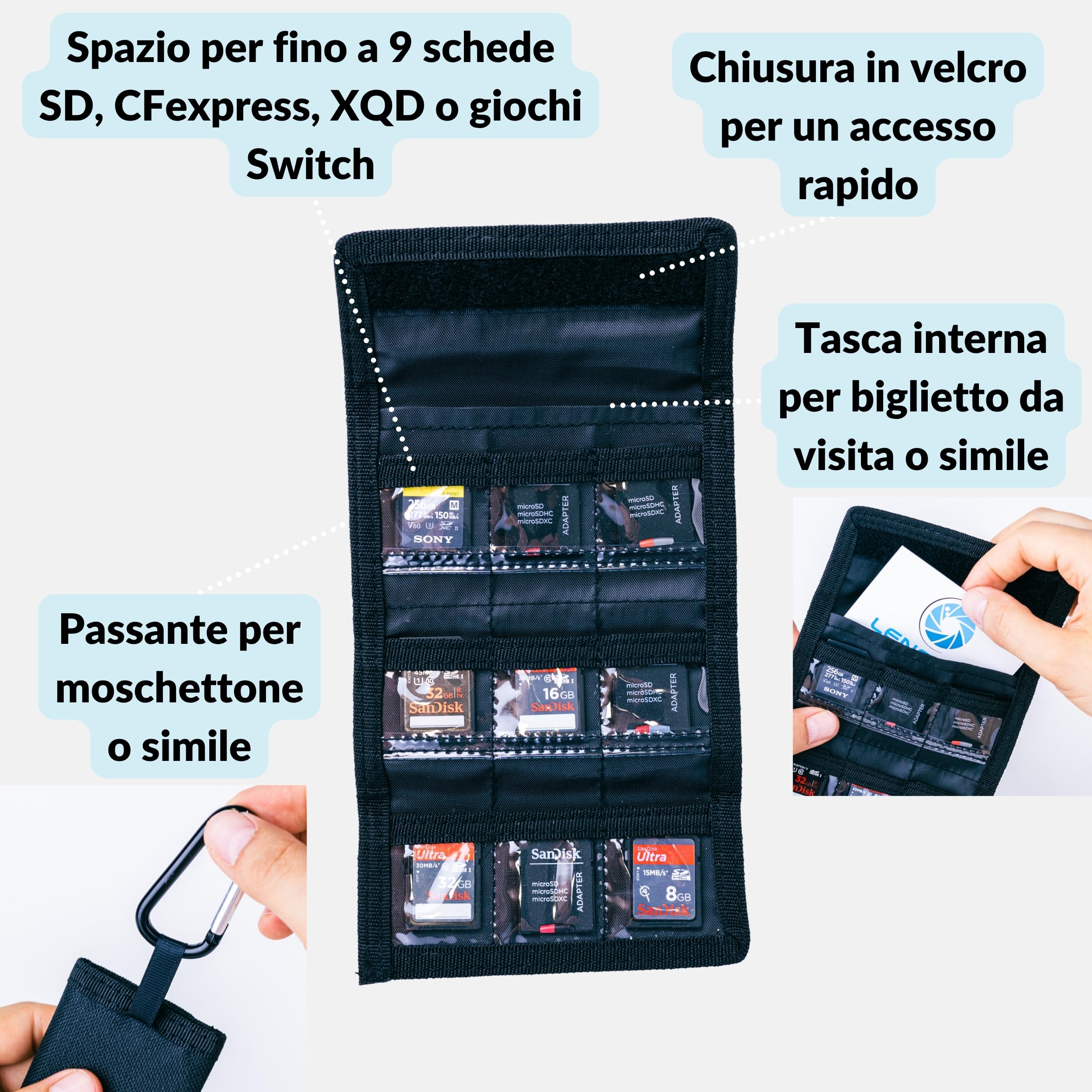 LENS-AID Custodia per schede di memoria SD: custodia compatta per un massimo di 9 schede SD, CFexpress, XQD, Switch Games. Custodia in robusto tessuto di nylon con chiusura in e passante