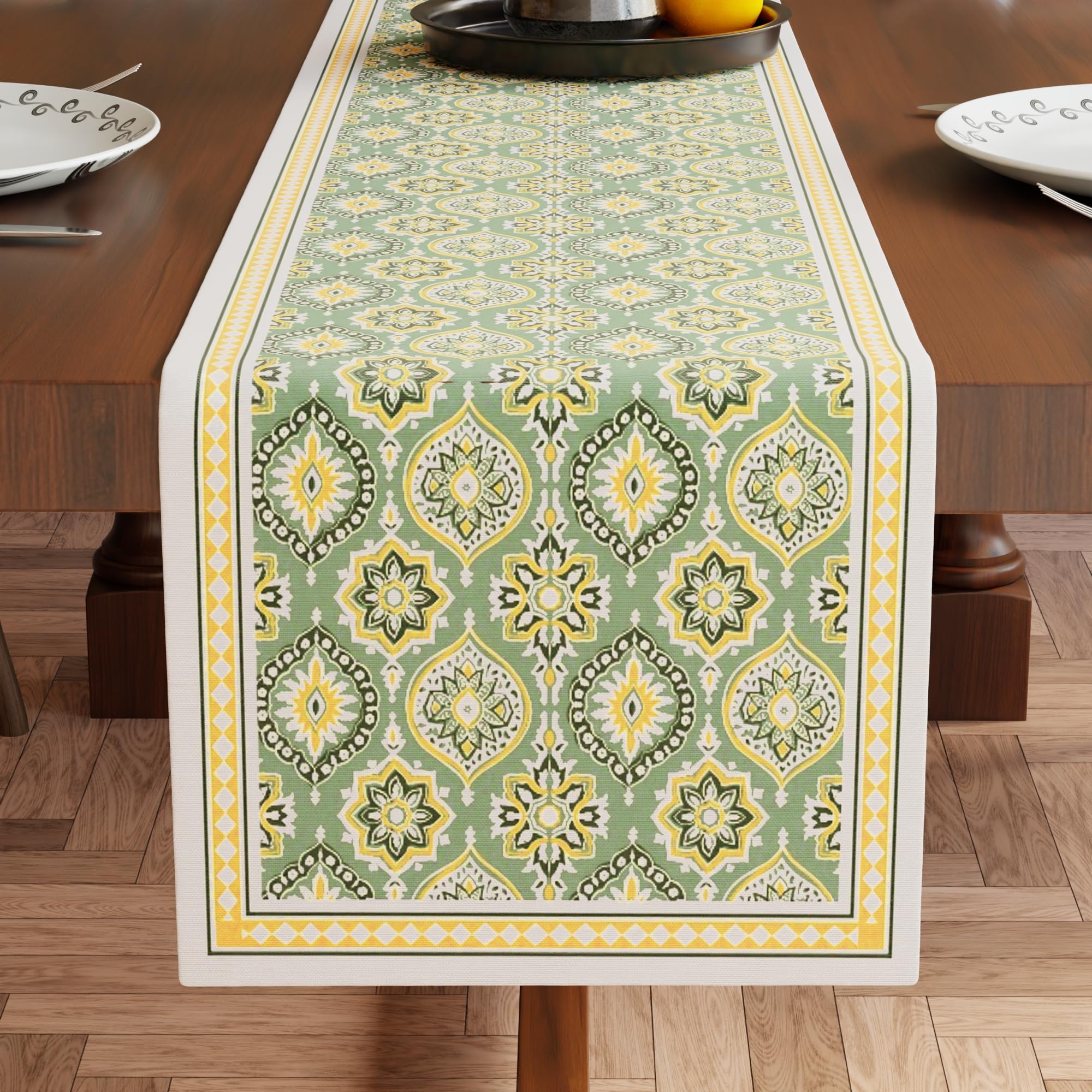 Encasa XO DiningTable Runner | Sage-03 Block Printed Cotton Canvas | 32x150 cm | Jaipur Sanganeri Hand Print