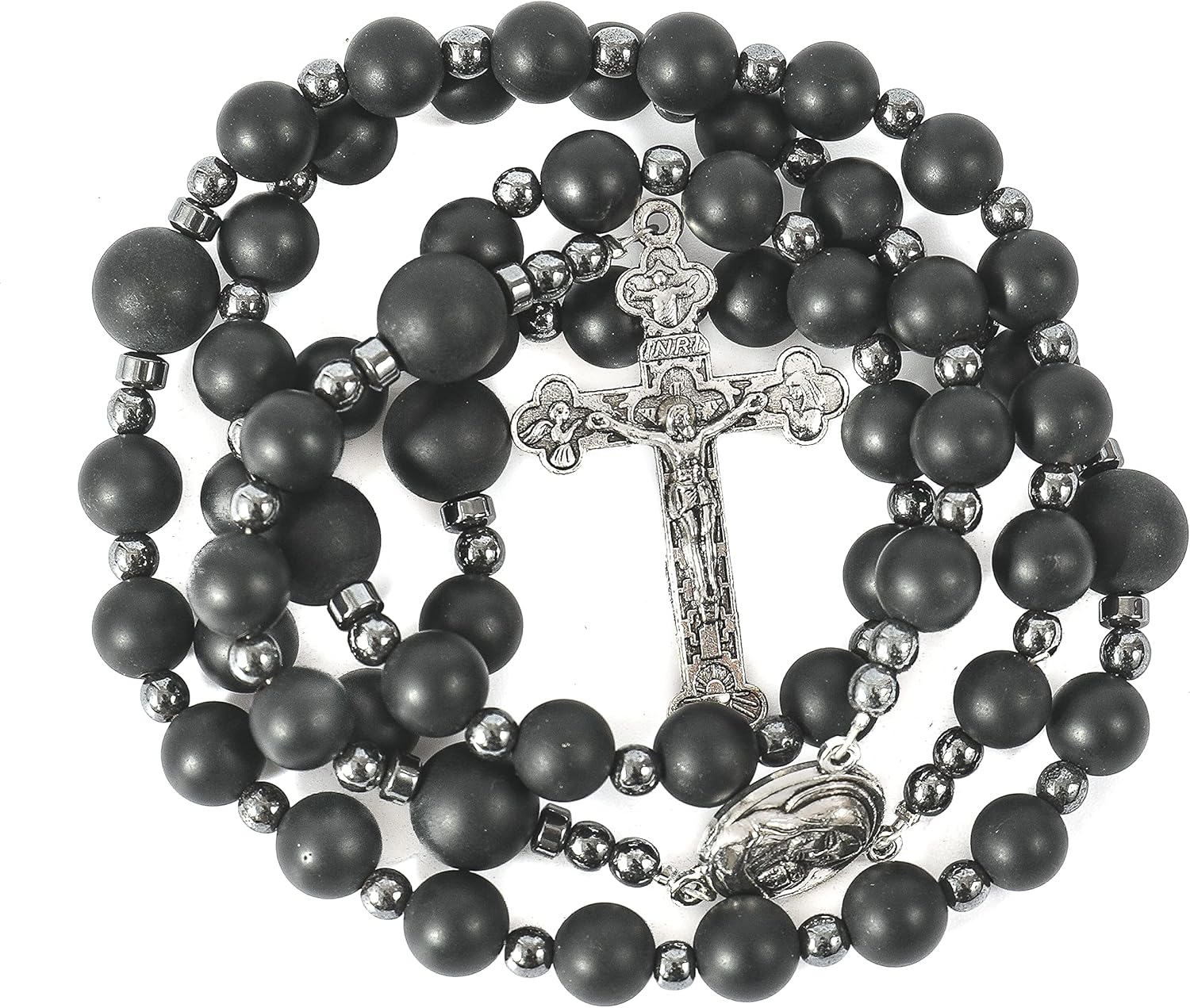 Nazareth Store Black Agate Beads Rosary Necklace Matte Natural Beaded Catholic Men Rosary with Hematite Stones Holy Soil Medal and Cross - Image 6