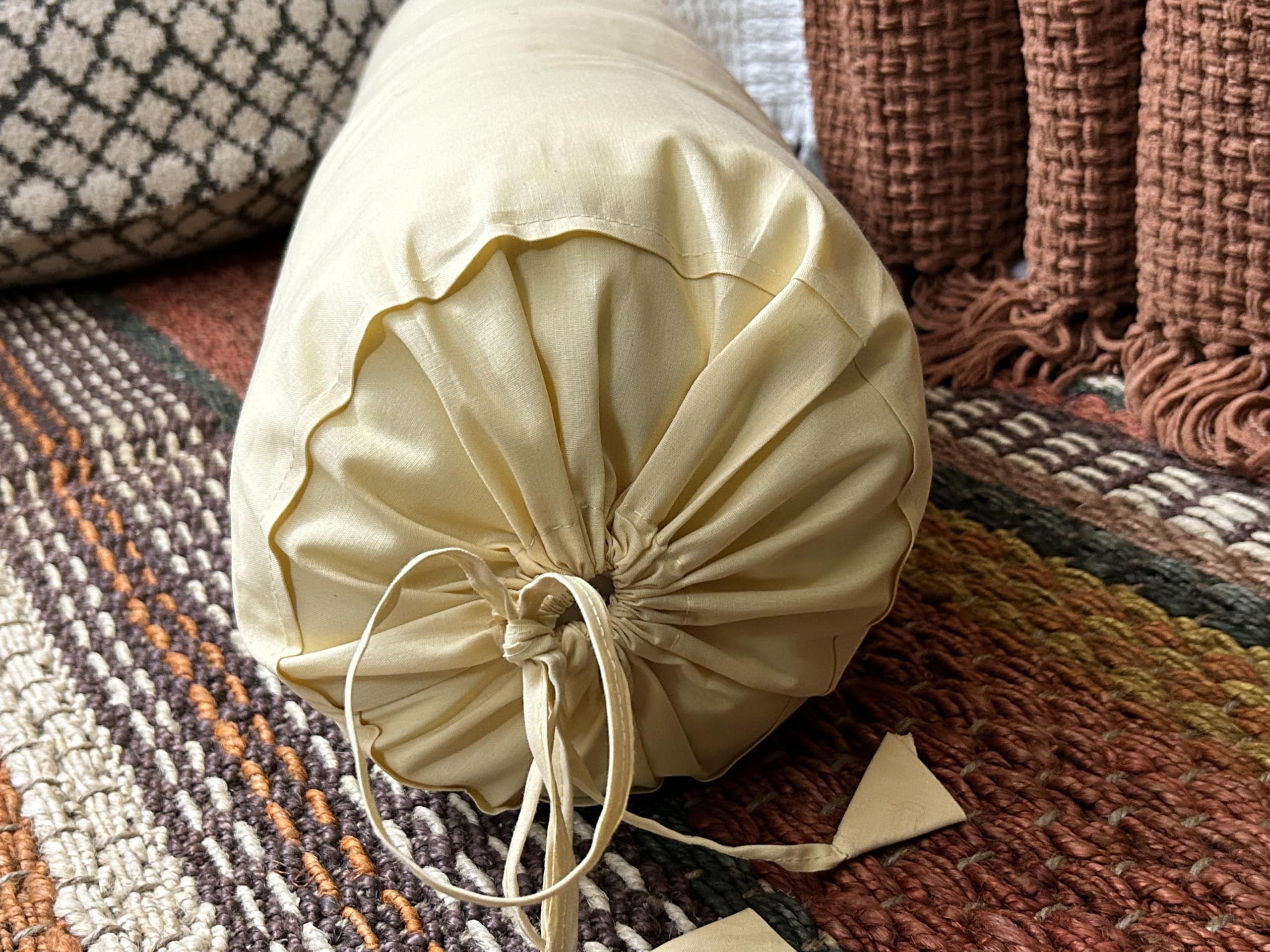 SAFFRON HANDICRAFTS 2 Pcs Cervical Neck Roll Pillow Cover with Drawstring Closures Round Neck Roll Pillow Case Cotton Bolster Pillowcases for Cylindrical Cushion (Beige, 6X 20 inch (15 x 50.5 cm))