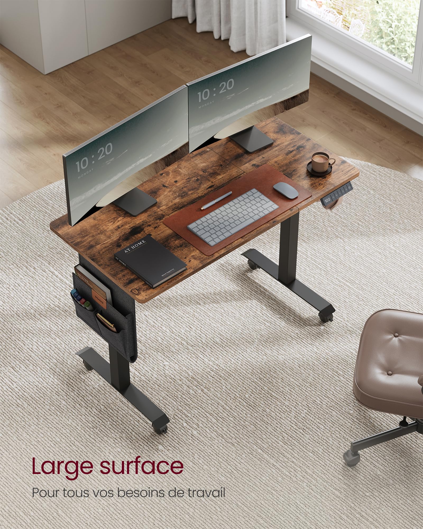 VASAGLE Bureau Assis-Debout, Bureau Électrique Réglable en Hauteur, 60 x 120 x (72-120) cm, Réglage en Continu, Fonction Mémoire 4 Hauteurs, Marron Rustique LSD172X01V01