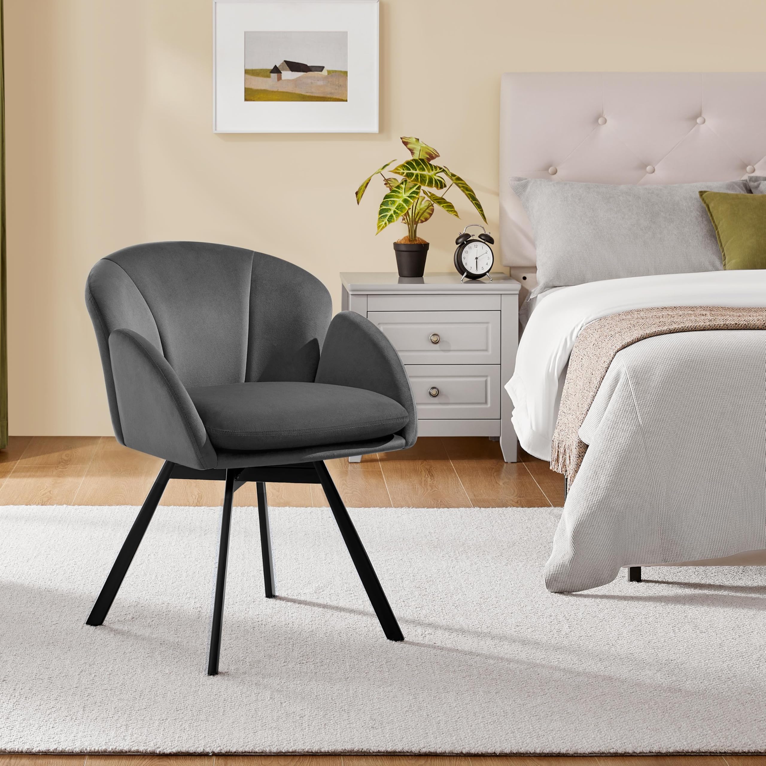 Yaheetech Poltrona Girevole a 360° da Camera da Letto, Sedia da Trucco Moderna a Forma di Fiore in Velluto di Ciniglia, Poltroncina per Camera Salotto Ufficio Grigio Scuro