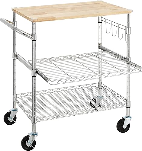 Finnhomy Carrito de cocina con ruedas de 3 niveles con mesa de madera de roble de 18 pulgadas de profundidad x 30 pulgadas de ancho, isla de cocina